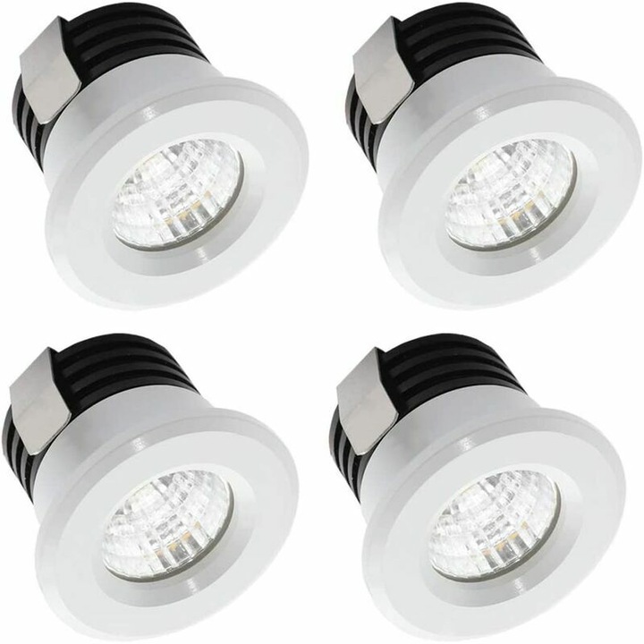 Set 4 bucati, spoturi led incastrate mini, 3W, lumina calda 3000K, 300 lm, unghi fascicul 24°, transformator inclus, alb, 230V, diametru exterior 38 mm