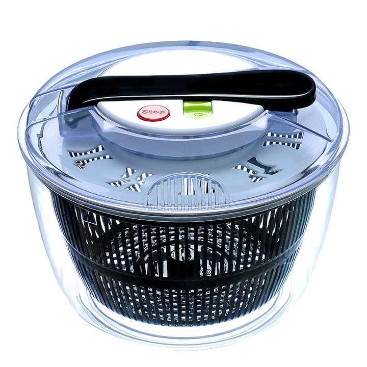 Centrifuga pentru salata/salatiera cu centrifuga, capacitate mare, bol din otel inoxidabil, oprire cu buton, fara BPA, baza antiderapanta, transparent/negru