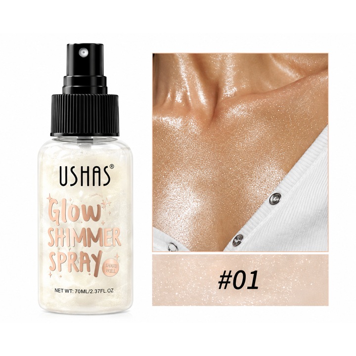 USHAS Glow Shimmer Spray #01 – Iluminator Corporal si Facial cu Particule Sidefate
