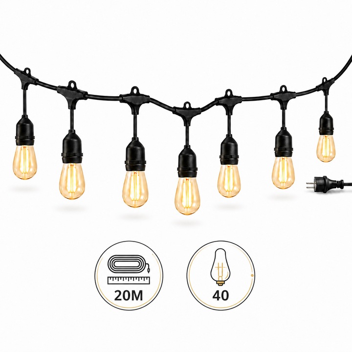 Ghirlanda luminoasa decorativa, 20M, 40 Becuri filament E27, GAMBINO, Lumina calda 2700K, Interconectabila, IP65, Cablu cauciucat, Pentru Interior/Exterior