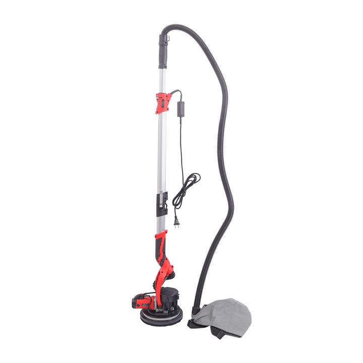 Gipszkarton csiszoló, Hosszú nyakú falakhoz és mennyezetekhez, 850 W, 220 V, Változtatható sebesség 800–1800 ford./perc, Teleszkópos rúd, Porelszívás, LED, Piros