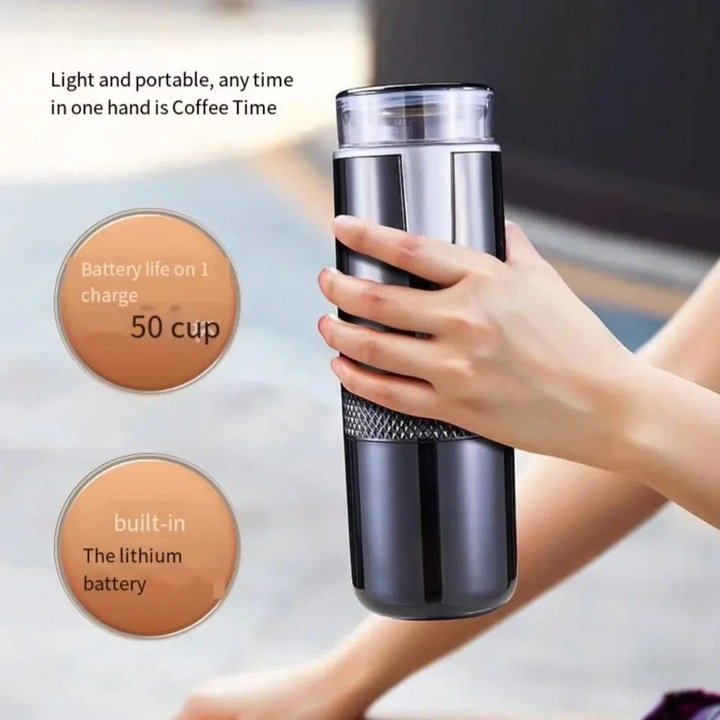 Espressor portabil / cafetiera de calatorie cu baterie reincarcabila, automat, alimentare auto si priza, preparare espresso 45ml, negru, 1 buc