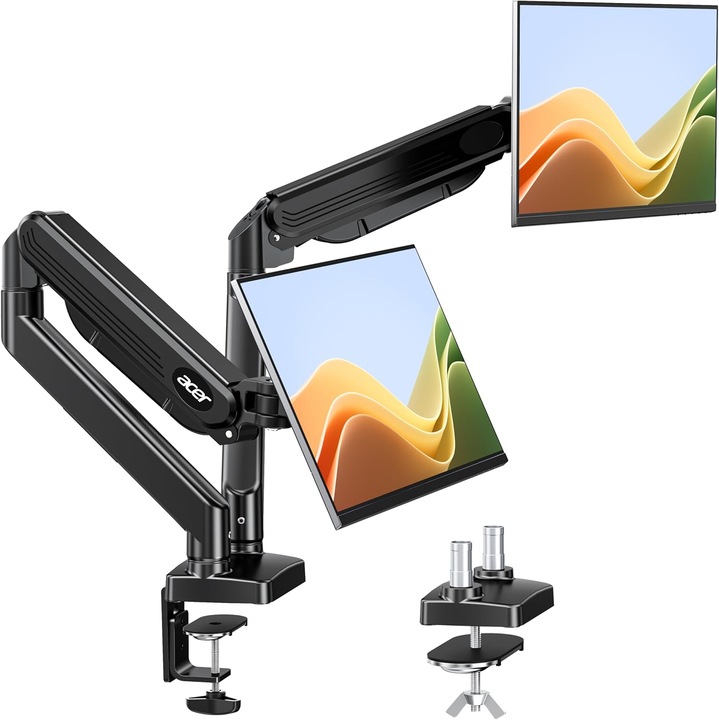 Acer dupla monitortartó 17–32 hüvelyk, ergonomikus dupla kar gázrugóval, alumínium, 2–9 kg/képernyő, magasságállítás 46 cm, kinyúlás 54 cm, döntés -60°/+90°, forgatás 360°, VESA 75/100, asztali rögzítés, kábelrendezés