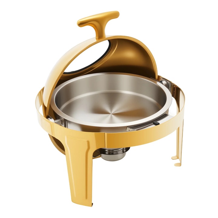 Chafing Dish Нагревател за бюфет, Кръгъл 6 л, Неръждаема стомана, Капак 90°/180°, Здрава рамка, Златист