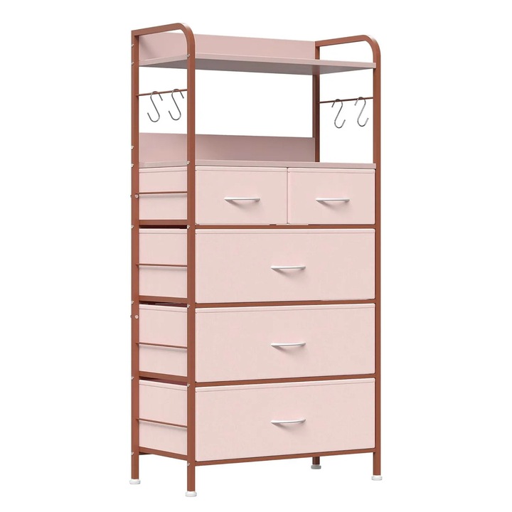 Comoda de depozitare, Dulap cu 5 sertare textile, Cadru metalic, Pentru dormitor, living, hol, 60x30x120 cm, Roz