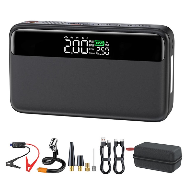 Starter auto portabil si baterie externa, 12 V, 20000 mAh, PD 65 W Incarcare Rapida, Peste 1200 A Curent de Varf, SOS LED, Negru