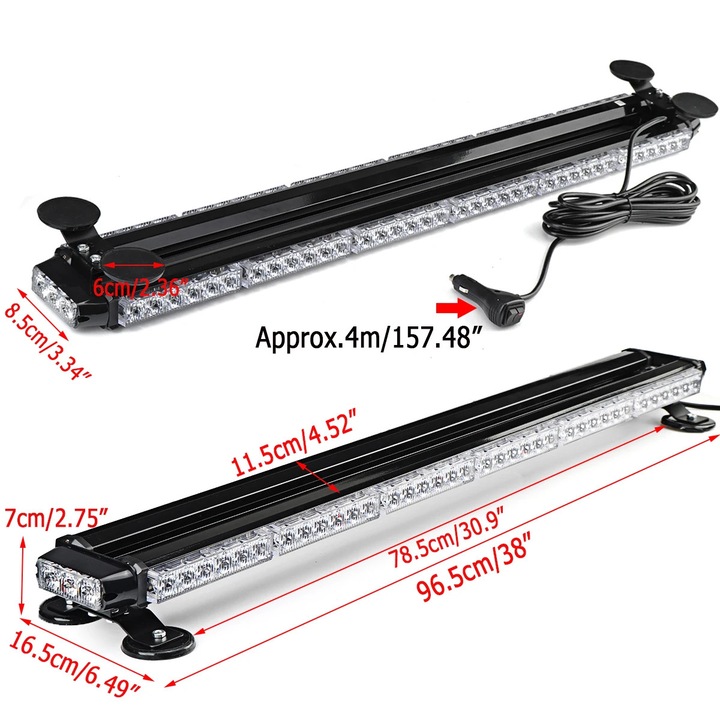 LED stroboszkóp fényrúd, Munkalámpa, 96,5 cm 78 LED kétoldalas, Vészvillogó figyelmeztető fény, 6500K hideg fehér, Univerzális autóhoz és teherautóhoz, Borostyánsárga