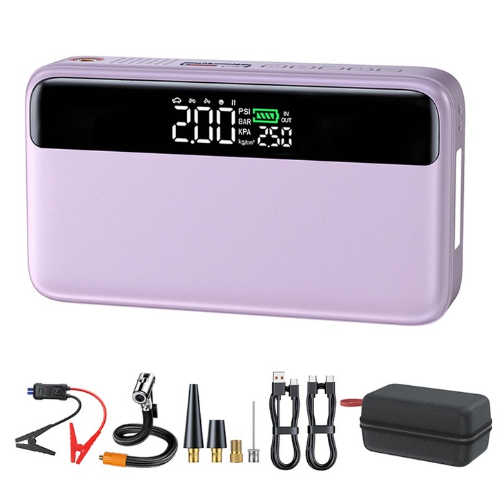 Booster pornire auto portabil, Power bank/Acumulator extern 12 V, 20000 mAh, 1200 A curent de varf, Incarcare rapida, 4 celule, Lumina SOS, Mov