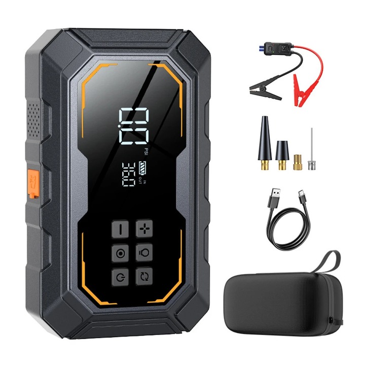 Pornitor auto, booster 12 V cu compresor anvelope, 4‑in‑1 power bank, 18000–20000 mAh, >1200 A varf, lumina LED SOS, husa EVA