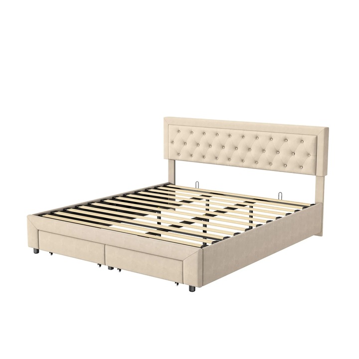Kárpitozott ágy, Kétszemélyes ágy 160×200 cm, Hidraulikus tárolóhely, 2 fiók, Fejtámla, Ágykeret ágyráccsal, Bézs