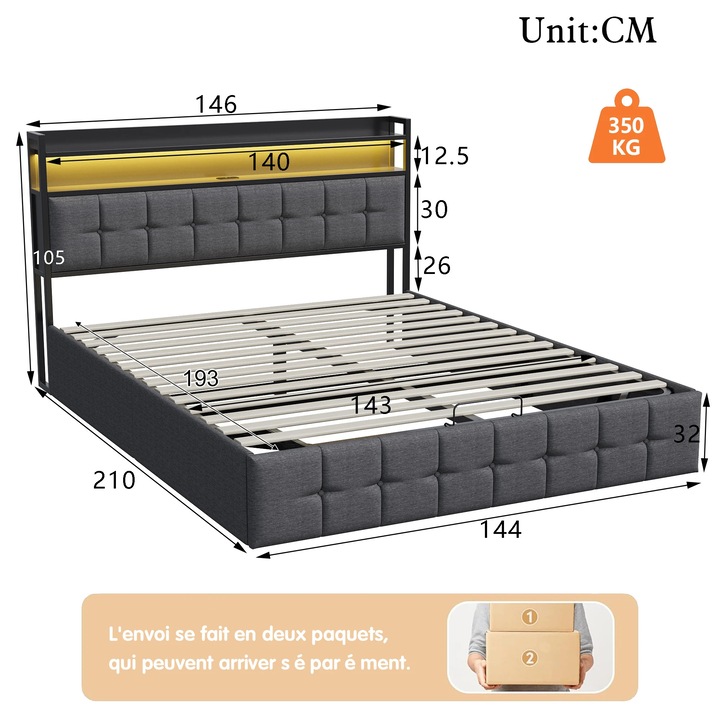 Ágy tárolóhellyel, franciaágy 140x190 cm, LED világítás, USB töltőport, léces ágyrács, vászon típusú szövet, sötétszürke