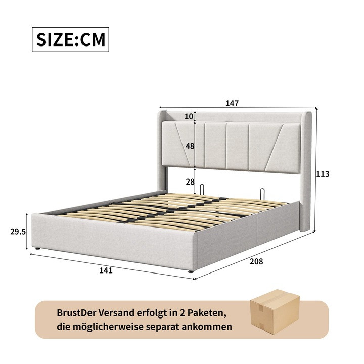 Ágy tárolóhellyel, Kétszemélyes ágy 140x200 cm, LED fejtámla USB/Type-C csatlakozóval, Léces ágyrács, Textil kárpit, Bézs
