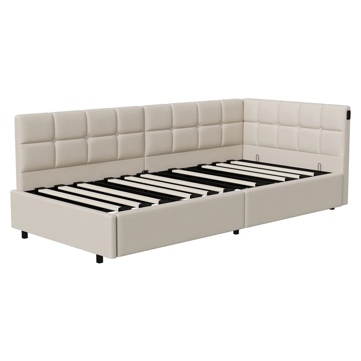 Canapea extensibila, Pat de zi 90x200 cm, Iluminare LED, Port USB, Tapiterie din catifea, Somiera cu lamele, Cadru din lemn, Stil scandinav, Bej