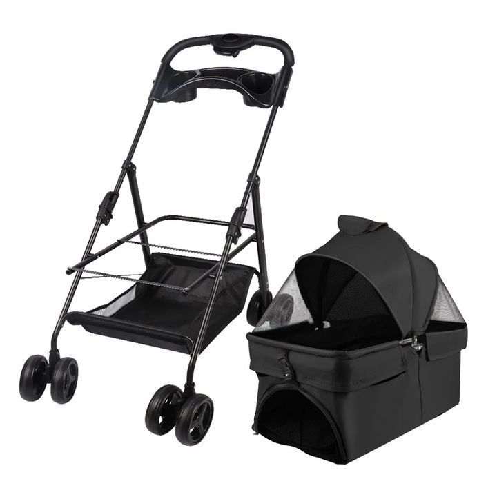 Carucior pentru animale de companie, carucior pentru caini, pliabil, 4 roti cu frana, cos de depozitare, suport pentru pahare, usor pentru calatorie, pentru toate rasele, negru