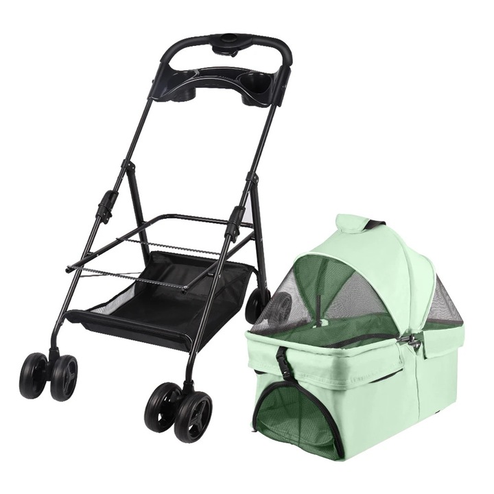 Carucior pentru animale, Carucior pentru caini, Pliabil, Usor, 4 roti cu frana, Cos de depozitare si suport pahare, De calatorie, Verde kaki