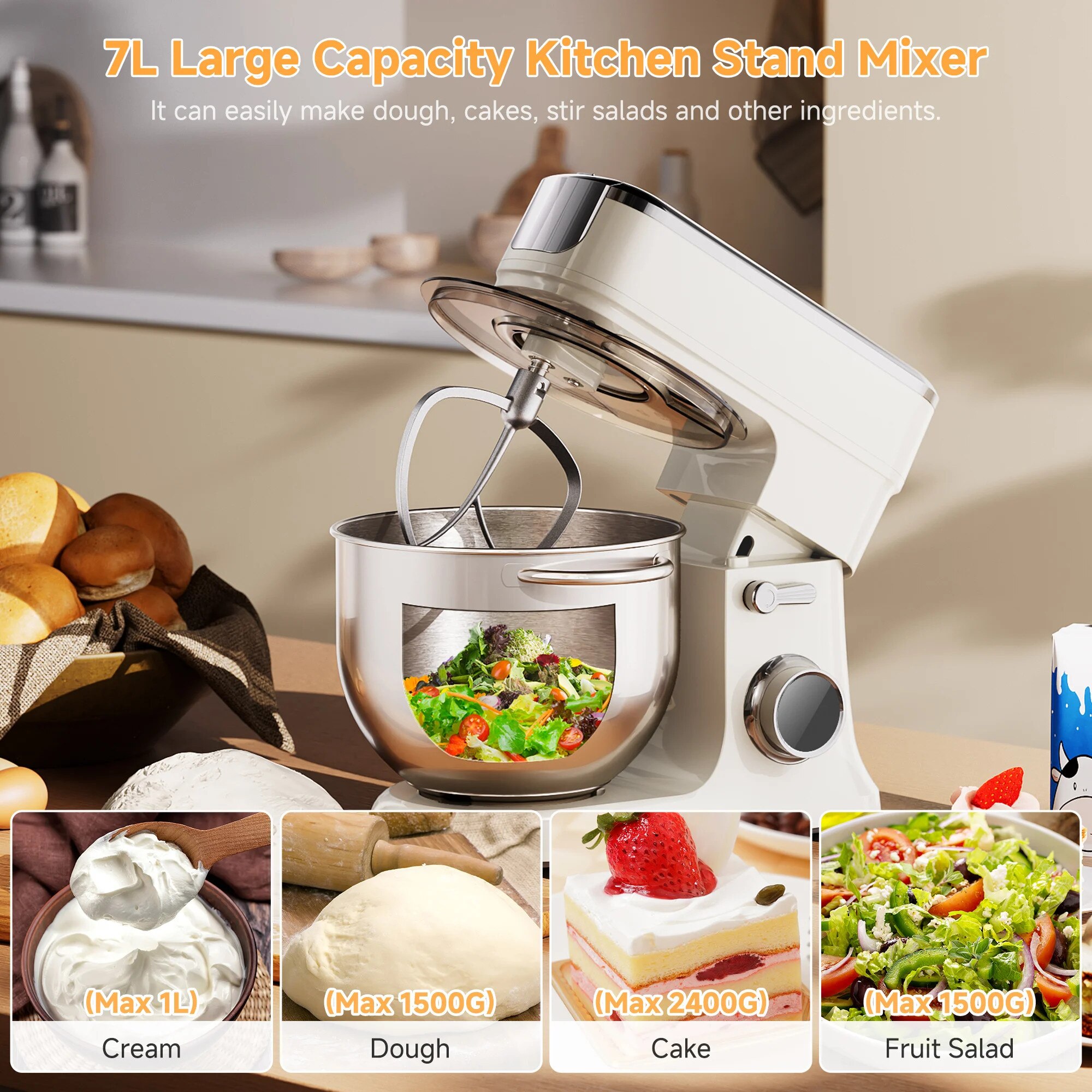 Robot de bucatarie, Mixer planetar, 1200 W, Bol inox 7 L, 11