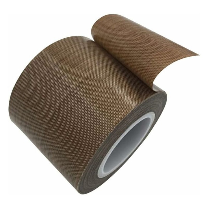 Banda teflon (ptfe) izolatoare/etansare pentru masini de sigilat in vid si pulse, fibra de sticla acoperita, rezistenta la temperaturi -196°C pana la 300°C, non-adeziva, bej, 19mm x 10m