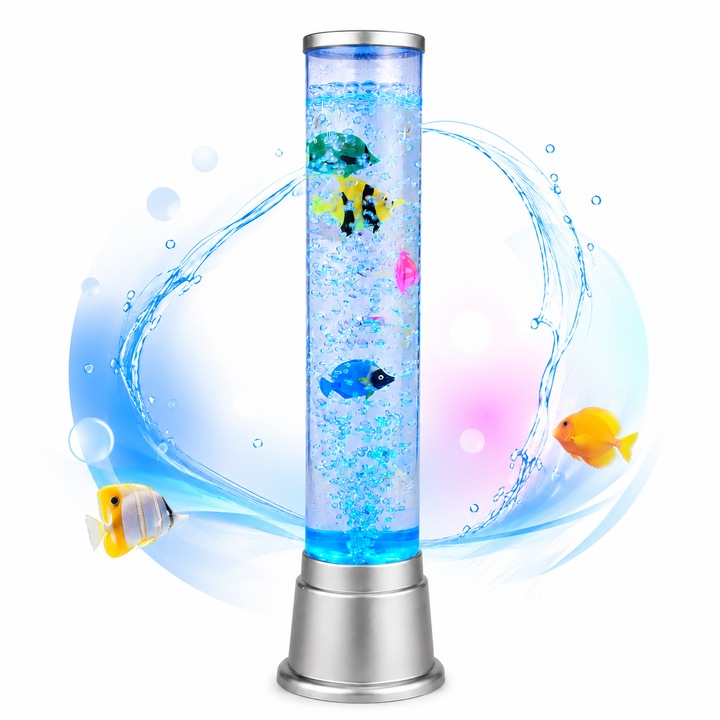 Lampa Ambientala Cu Apa Si Pesti Decorativi, Efect Bule, Iluminare LED, 46 cm, Albastru/Argintiu