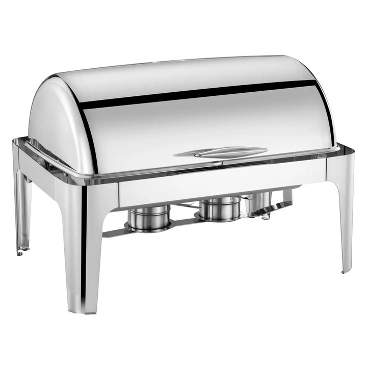 Кетъринг съд (Chafing Dish), Нагревател за бюфет с ролков капак, 9 Qt (прибл. 8,5 л), Правоъгълен, Капак с прозорец, Неръждаема стомана