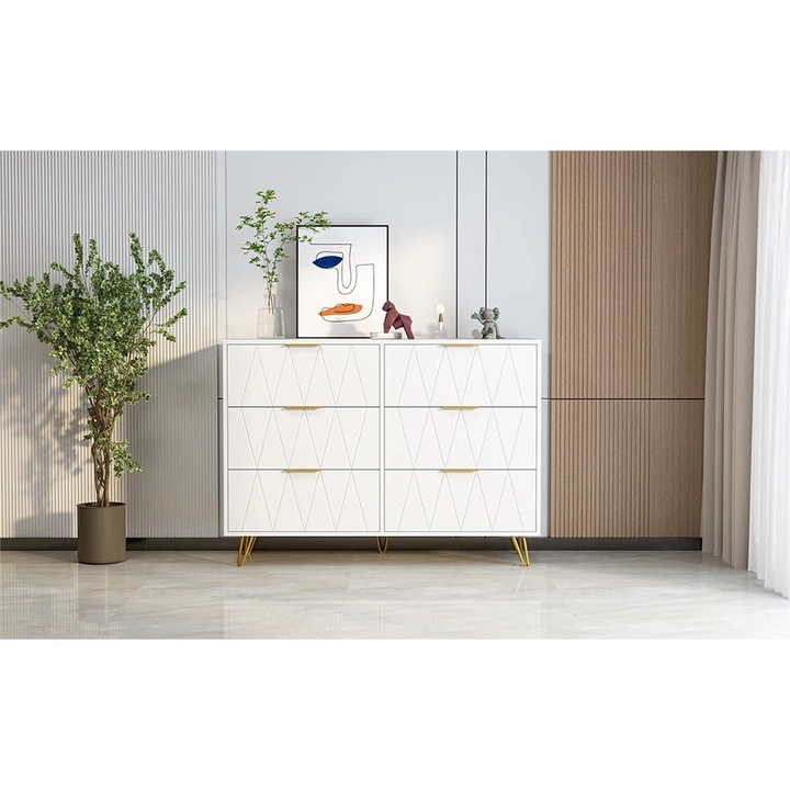 Tárolószekrény/Komód, 6 Fiókos, Modern Minimalista, Fa Keret, Nappaliba Hálószobába Előszobába, Fehér