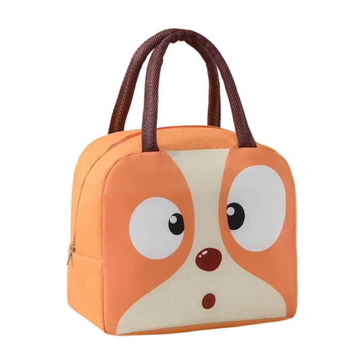 Geanta lunch bag pentru copii, model catelus, interior termoizolant din aluminiu, panza Oxford durabila, maro, 22 x 14 x 19 cm