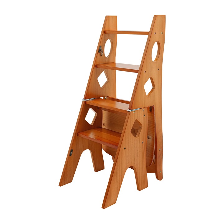 Scaun scara pliabil din lemn de pin, 2-in-1 scaun si treapta, capacitate 100 kg, economisire spatiu, poate fi folosit ca raft, Caramel