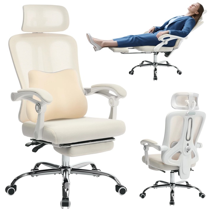 Ergonomikus irodai szék, Munkaszék, Forgatható, Állítható magasságú, Deréktámasz, Magas háttámla, Kartámasz és görgők, Fém váz, Bézs