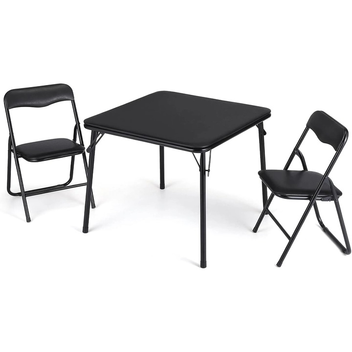 Masa si set de scaune pliabile, Set cu 2 scaune, Scaune din piele captusite, Cadru metalic, Masa pentru carti/activitati, Negru