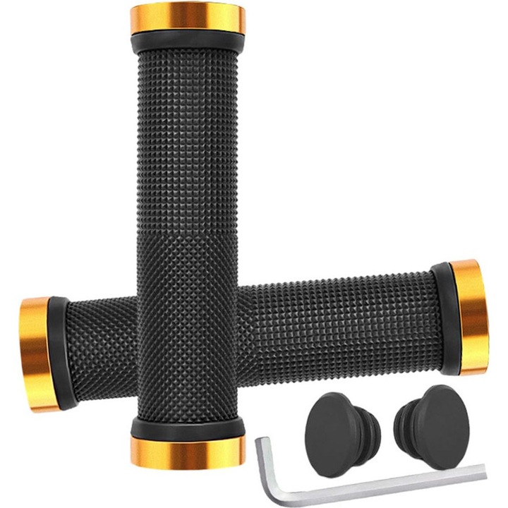 Kerékpár markolat, csúszásmentes PE gumi, alumíniumötvözet gyűrűkkel és egyedi rögzítő mechanizmussal, kompatibilis 2-2.2 cm, 13 cm, Sárga, 2 darabos szett