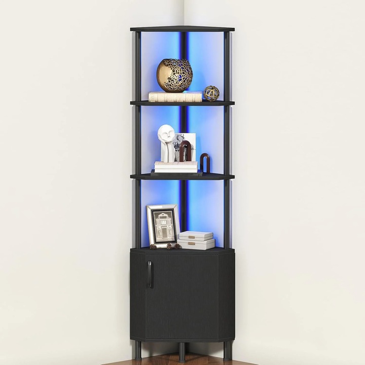 Dulap de colt, Biblioteca, 5 rafturi, Iluminare LED, Cadru metalic, Dulap cu usa, Sistem anti-rasturnare, Negru