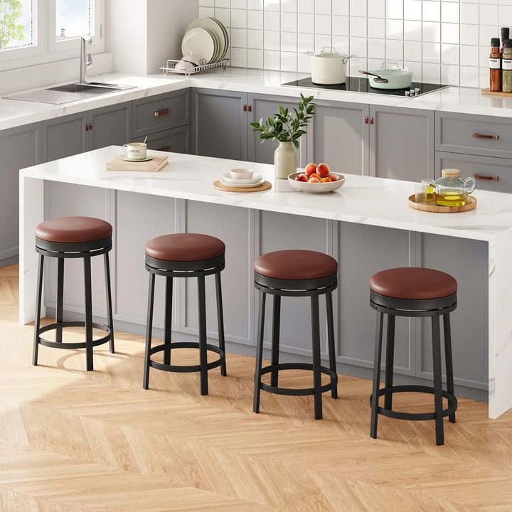 Scaune de bar pentru insula de bucatarie, Inaltime blat 61 cm, Rotative, Fara spatar, Tapitate PU, Cadru metalic, Set de 4, Maro