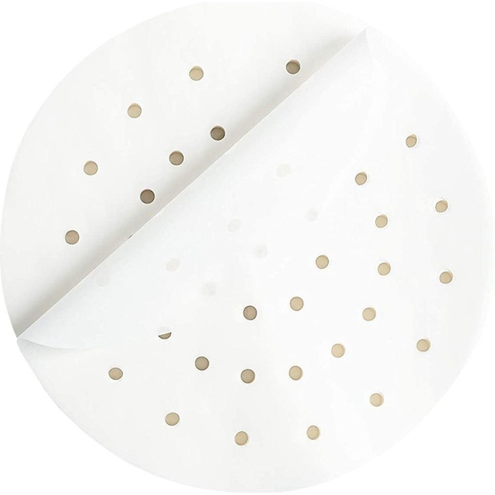 Hartie pergament perforata pentru friteuza cu aer, hartie de copt pre-taiata, antiaderenta si rezistenta la ulei, cu gauri pentru circulatia aburului, alb, 200 foi, 23 cm patrat (9 inch)