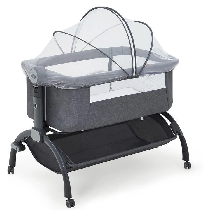 Patut lateral pentru bebelus, 3 in 1 patut atasabil/patut de calatorie, Plasa de tantari detasabila, Cos de depozitare, Roti, Inaltime reglabila, Cadru metalic, Gri