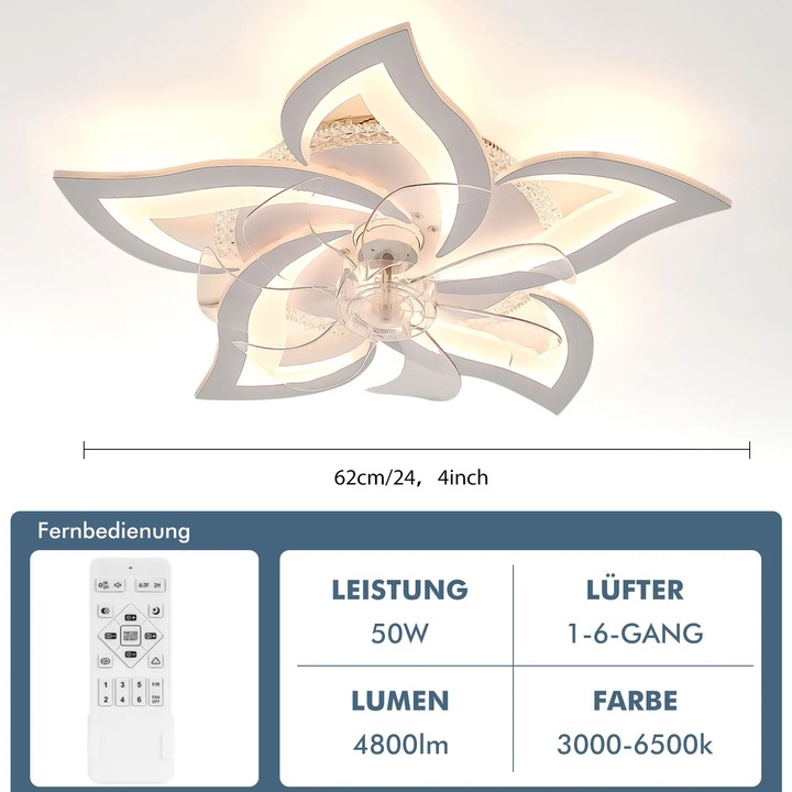 Mennyezeti ventilátor virág alakú lámpával, LED mennyezeti ventilátor lámpa, 50 W, csendes, szabályozható intenzitású, távirányítóval, 110–240 V