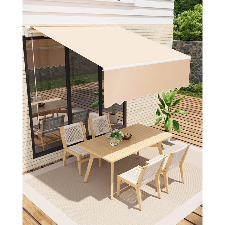Marchiza retractabila pentru terasa, Manivela manuala, Impermeabila, Cadru din aluminiu rezistent, Material poliester, 3, 05 x 2, 44 m, Kaki