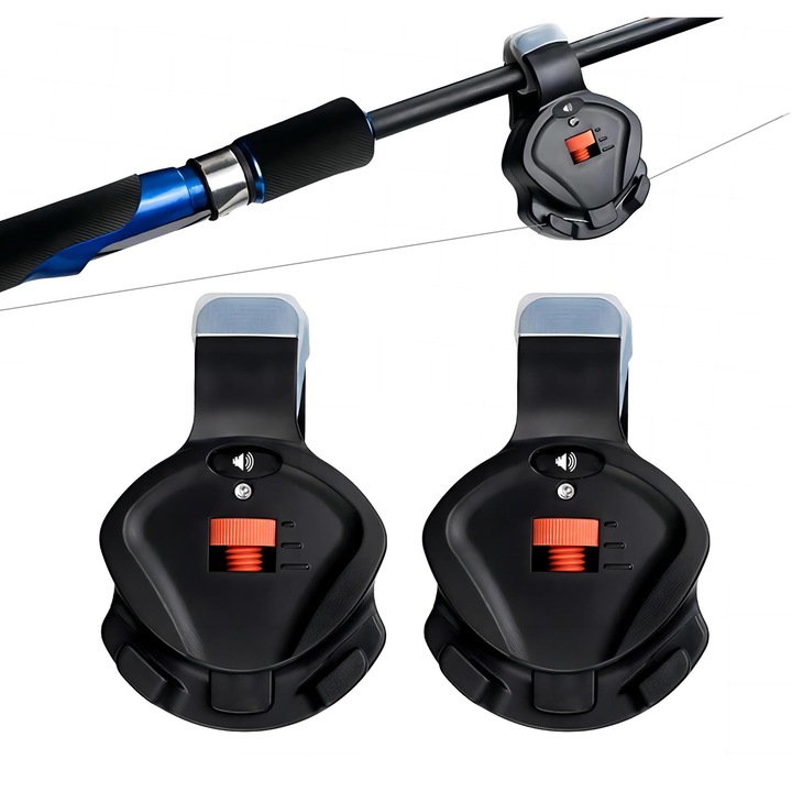 Alarma pentru undita, indicator de muscatura electronic cu semnal sonor si lumina, sensibilitate reglabila 0-110 dB, clema ajustabila, carcasa din silicon antiderapant, Negru