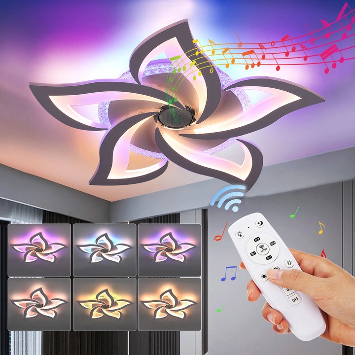LED плафониера, Таванна лампа, 50 W, 61 см, Димируема с дистанционно управление, Регулируем цвят на светлината, Форма на цвете, 15–30 m², Бяла