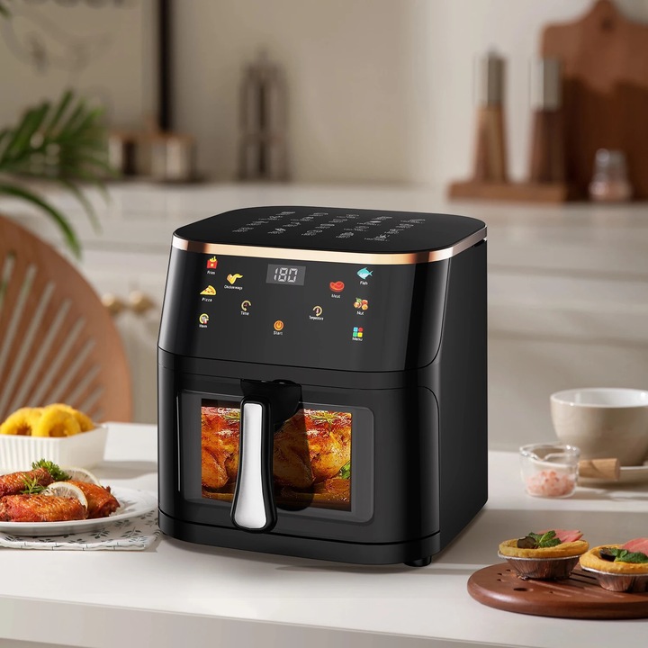 Фритюрник с горещ въздух, 8 L, 1400 W, Прозорец за готвене, Незалепваща кошница, Таймер 60 мин, Подходящ за съдомиялна машина, EU щепсел