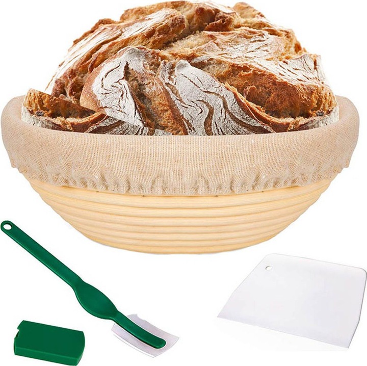 Cos de fermentare rotund, 22x7cm, 25x7cm, ratan natural, set cu accesorii pentru paine