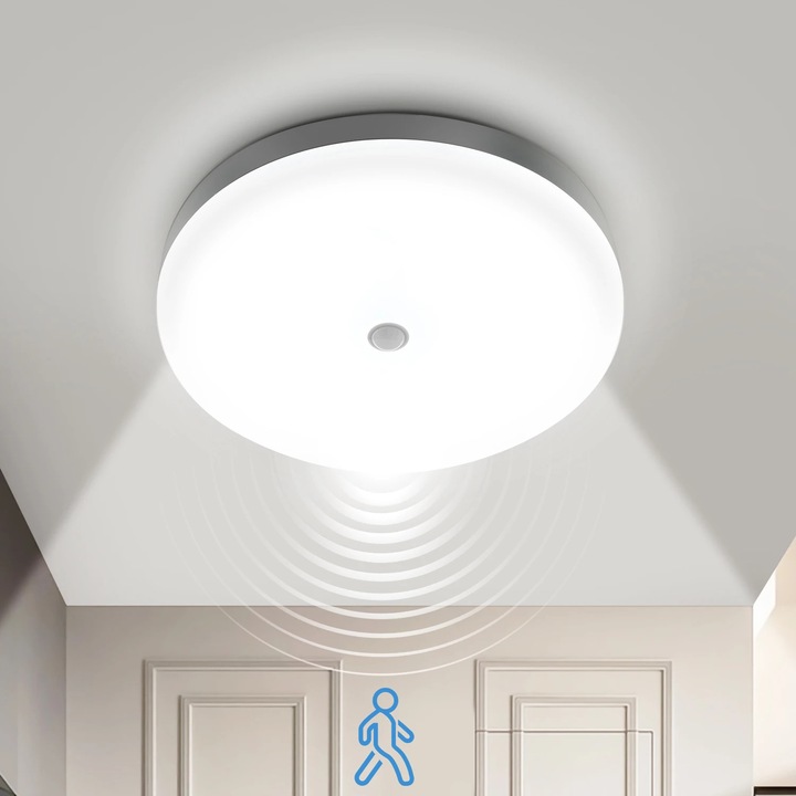 LED плафон, Плафониера, Със сензор за движение, 12 W, Ултратънък 4,5 см, 22x22 см, 220 V AC, Студена бяла светлина, Бял