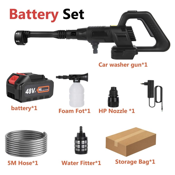 Spalator cu presiune cu acumulator, Pistol de spalat, 10 bar, 3, 6 L/min, 12V, 12000 mAh, Furtun 5 m, 1 baterie, Negru