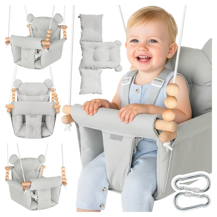 Leagan pentru Copii LikeSmart MALO Grey, 12-36 Luni, 60 Kg, Bumbac 100%, Centura Siguranta 3 Puncte, 2 Perne Incluse, Elemente din Lemn de Fag, Franghie Rezistenta, Pentru Camera Copii, Interior si Exterior Acoperit, Gri