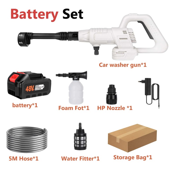 Aparat de spalat cu presiune fara fir, Pistol de spalat auto, 10 Bar, 150 W, 3, 6 L/min, Furtun 5 m, 1 Baterie, Lance de spuma, Alb