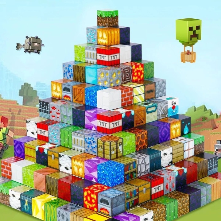 Blocuri magnetice de constructie, 24 piese, compatibile Minecraft, joc educativ STEM pentru creativitate, plastic ABS, 3+ ani, ETOY®