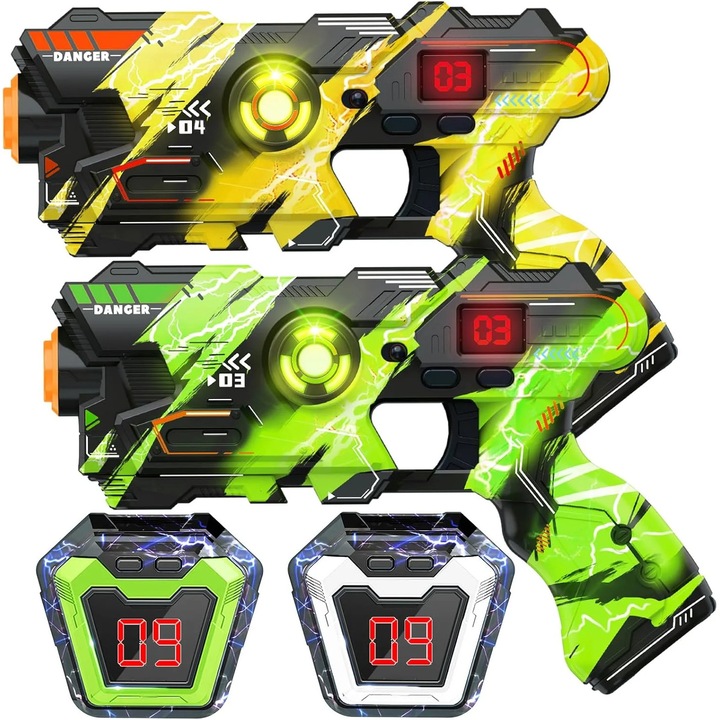 Pistol de jucarie Laser Tag, efecte luminoase si sunete, Include 1 pistol, Galben, 8 ani+, ETOY®