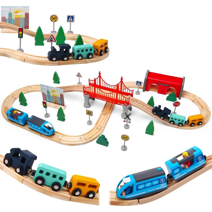 Set trenulet din lemn cu sine, pod si accesorii educative, Joc creativ pentru copii, ETOY®