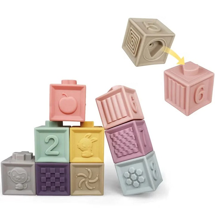 Set de Cuburi Educative Moi pentru Copii, Numere, Animale si Texturi, 6 cuburi, ETOY®