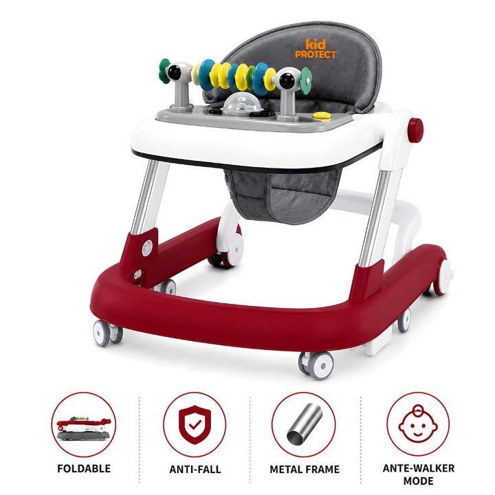 Gyermek járássegítő 2 az 1-ben, állítható 6 fokozatban, KidProtect® Little Helper, összecsukható, párnázott támasz, leesésgátló, fém váz, 360 fokban forgó kerekek, előkészítő mód, étkezőasztal, játéktálca hangokkal, piros