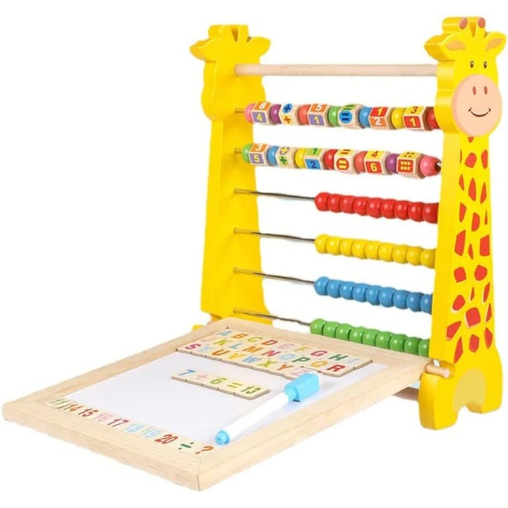 Numaratoare din lemn cu tabla de scris si 2 fete, litere si cifre magnetice, burete, Model Girafa, ETOY®
