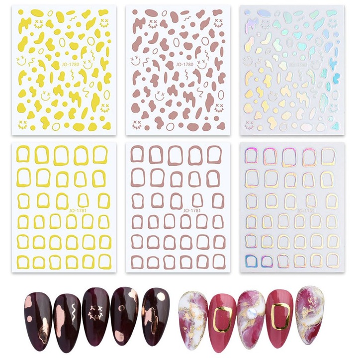 Autocolante unghii 3D, stickere nail art autoadezive cu modele geometrice si florale, Multicolor, set 6 foi 9x7 cm
